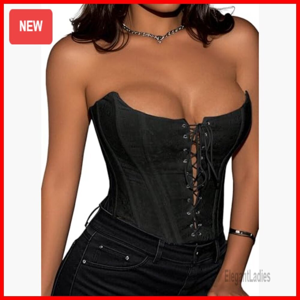 Strapless Backless Corset Top Lace-Up Bustier Crop Tank X-Large - Picture 2 of 7